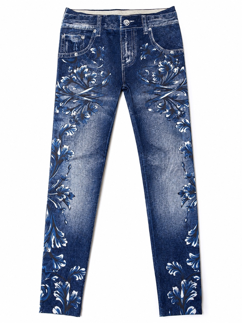 Blue Denim Print Floral Jeggings Stretch Pull-On Leggings Pants